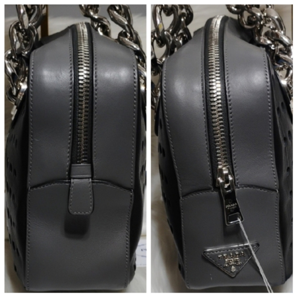 SALE! Prada City Fori Black Leather Perforated Chain Shoulder Bag W Pouch/DB - Picture 4 of 15